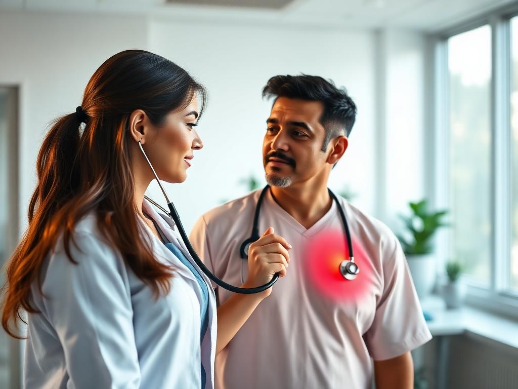 Médico auscultando a paciente en consulta