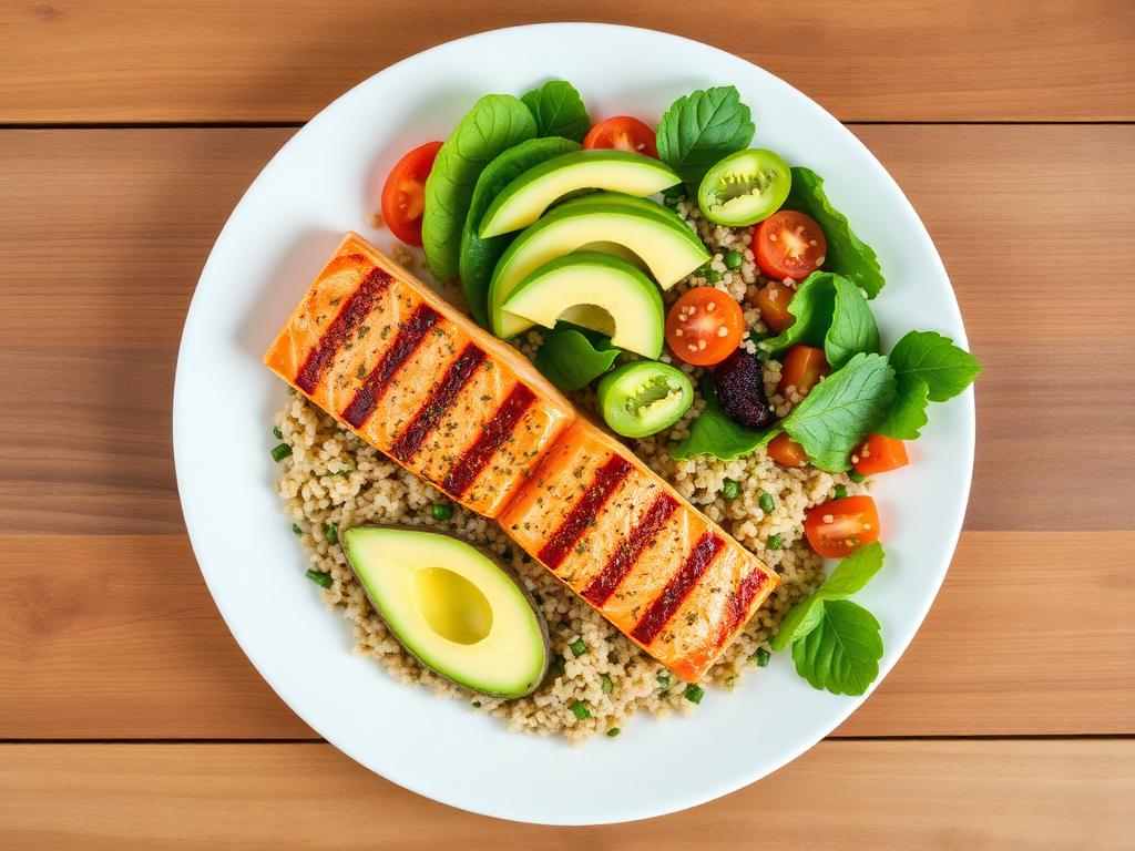 Plato saludable balanceado con salmón y vegetales