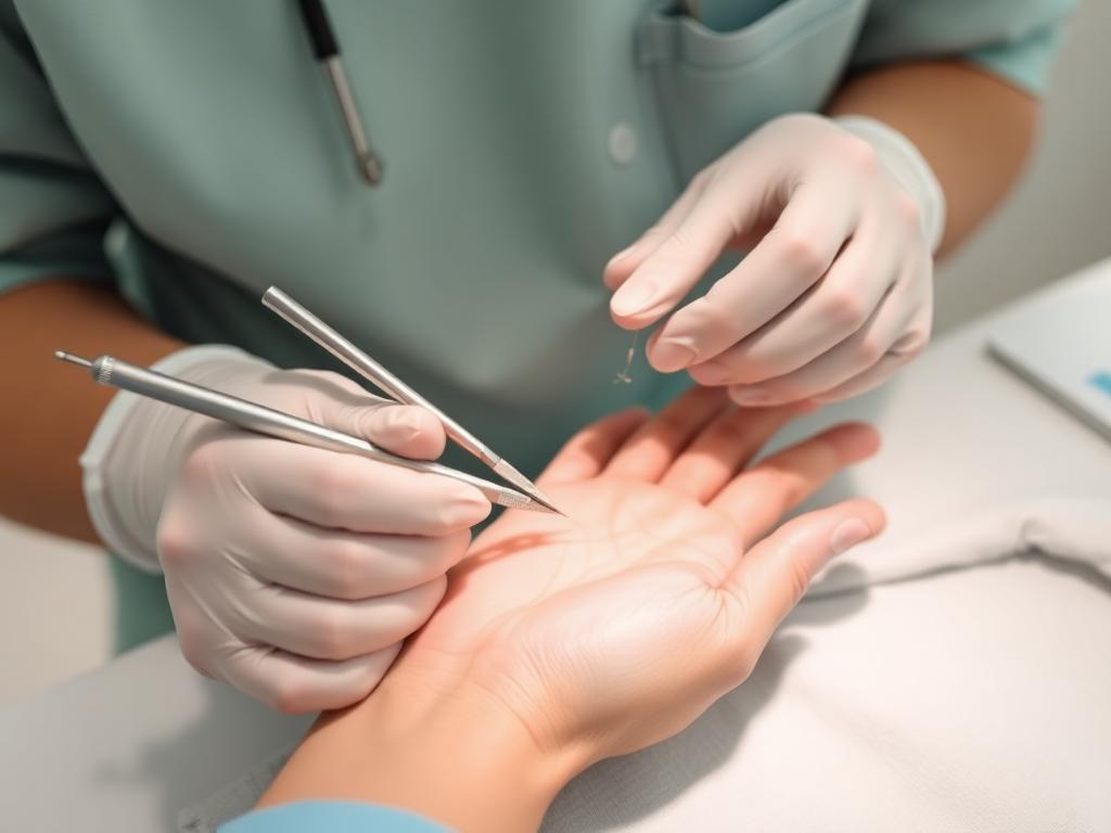 Médico realizando un procedimiento menor con guantes
