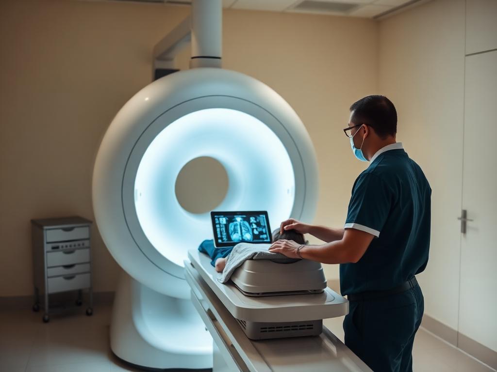 Técnico operando equipo de rayos X moderno